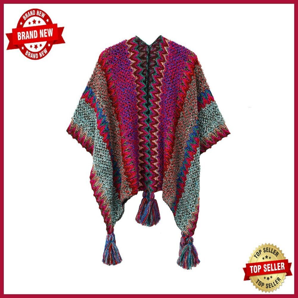 Soft Knit Poncho Cape Shawl Wrap with Fringe for Women